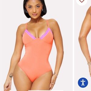 Fabletics Yitty Smoothed Reality Lace Brief Bodysuit Perfectly Papaya